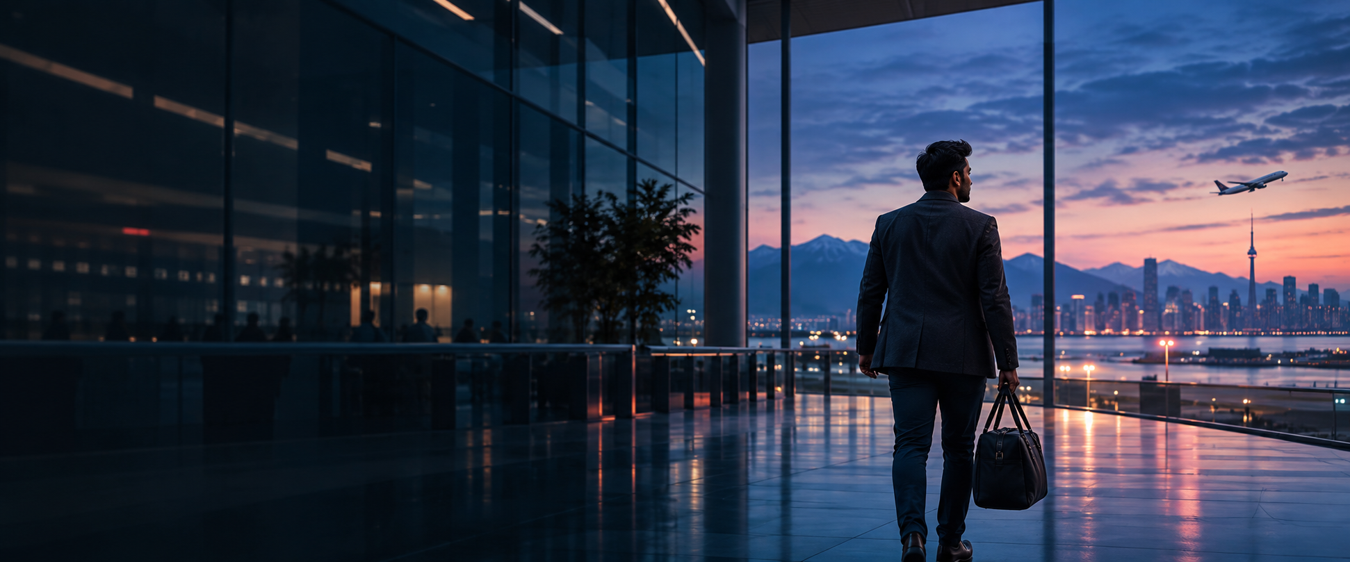 A traveller looking toward a Canadian skyline from a modern airport